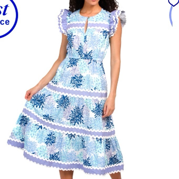 🩵 SAIL TO SABLE PURPLE BLUE WHITE RUFFLE SLEEVE RIC RACK TRIM MIDI DRESS! - Picture 6 of 14